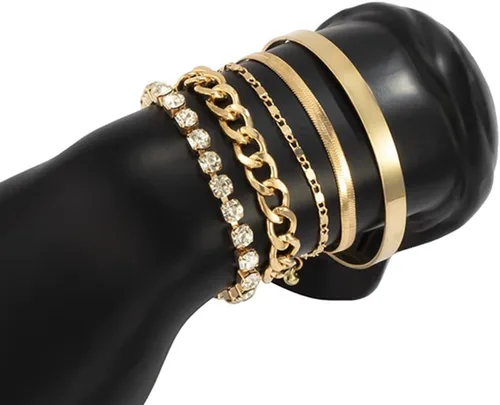Vista 4 de fxmimior Juego de 5 pulseras apilables de cadena dorada y plata con diamantes de imitación para mujer, con cuentas ajustables, cadena de cable plano