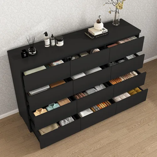 Vista 6 de Cómoda negra de 12 cajones para dormitorio, cómoda moderna con cajones profundos de 63 pulgadas, cómoda de almacenamiento ancha y larga, muebles