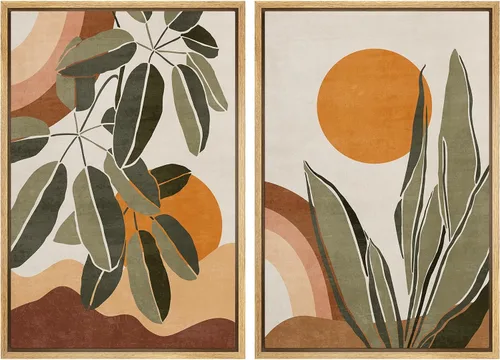 Vista 81 de IDEA4WALL Lienzo Enmarcado Impreso Arte de Pared Set Paisaje de Hojas de Palma de Selva de Mediados de Siglo Naturaleza Silvestre Ilustraciones Arte