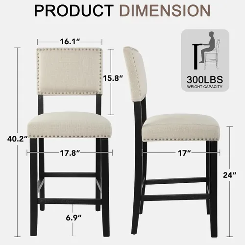 Vista 2 de LSSBOUGHT Taburete de bar tapizado de tela de lino con patas de madera de goma, silla de bar con ribete clavado para isla de cocina