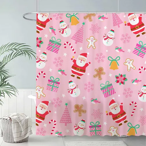 Vista 2 de Allenjoy Cortina de ducha de Navidad rosa de 72 x 72 pulgadas para niña, juego de baño de Feliz Navidad, invierno, Papá Noel, muñeco de nieve