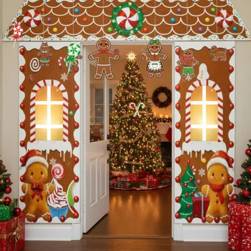 Vista 5 de Puerta de Pan de Jengibre de Navidad con Luces, Decoraciones de Cubierta de Cartón, Letrero de Pancarta de Porche de Dulces de Casa de Pan