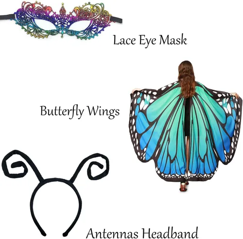 Vista 3 de GRAJTCIN Chal de alas de mariposa para mujer, 3 piezas, disfraz de hada de Halloween, capa festiva con antenas y máscara