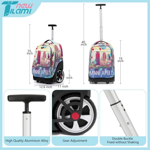 Vista 46 de NEW TILAMI Mochila con ruedas de 19 pulgadas con bolsa de almuerzo para niñas y niños, mochila para laptop con ruedas, bolsa de mano duradera