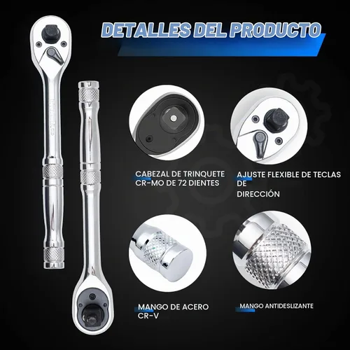 Vista 2 de Mango de trinquete 3 en 1,1/4", 3/8", llave de trinquete de 1/2", interruptor reversible de 72 dientes,Chapado en cromo pulido completo,Acero al