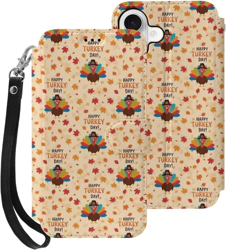 Vista 34 de SWEET TANG Compatible with iPhone 17 Pro Wallet Case Women PU Leather Shockproof Protective Folio Flip Cover (Cute Thanksgiving Turkey Maple Leaf)