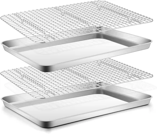 Vista 8 de E-far - Juego de bandejas para hornear para horno tostador, bandeja pequeña de acero inoxidable de 10.5 x 8.3 pulgadas con rejilla de alambre