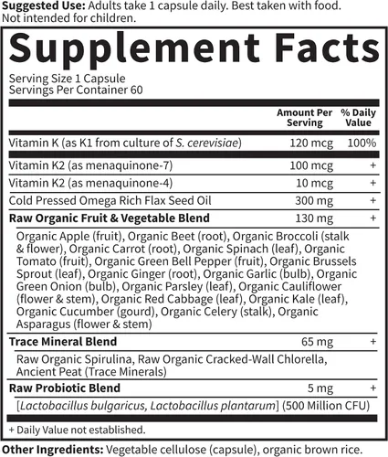 Vista 2 de Suplemento vitamínico, Jardín de la vida Vitamina K, Vitamina Código Raw K Todo Complejo Alimentos Vegano, 60 Cápsulas