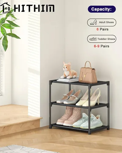 Vista 4 de HITHIM Zapatero pequeño de 3 niveles, organizador de zapatos apilable estrecho, soporte para zapatos resistente, zapatero de metal de tela no tejida
