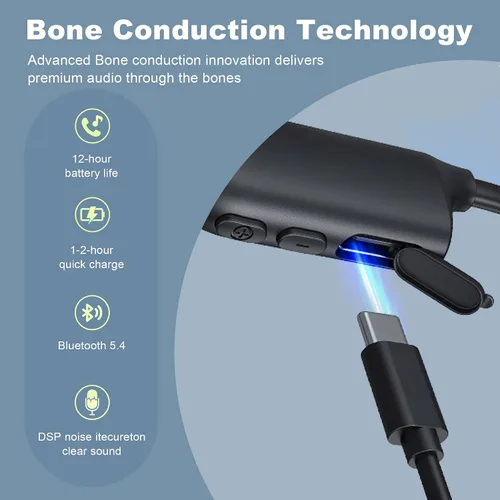Vista 6 de Auriculares de conducción ósea – Auriculares Bluetooth de oreja abierta con micrófono, auriculares de conducción ósea con 12 horas de tiempo