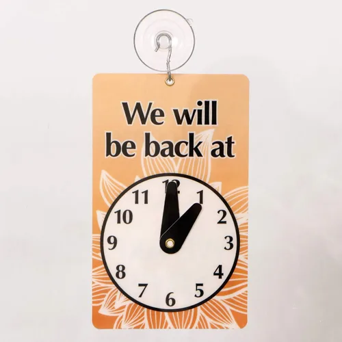 Vista 4 de SmartSign Letrero de reloj de dos caras con texto en inglés "We Will Be Back - Welcome We are Open", plástico de 7.75 x 4.75 pulgadas 4.75" x 7.75