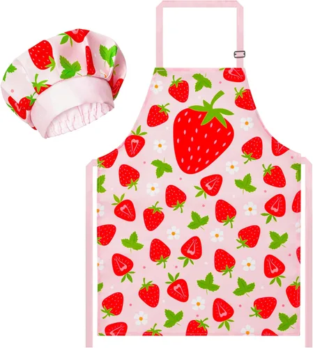 Vista 19 de R HORSE Juego de delantal y sombrero de chef para niños, 2 piezas, mini parrilla ajustable, delantal de cocina para niños, juego de rol, juguete