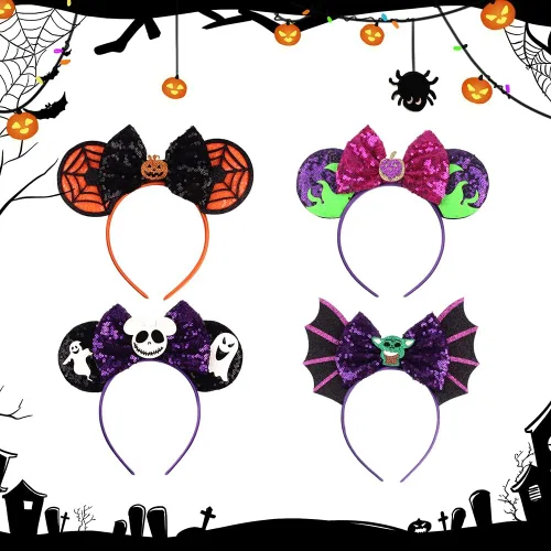 Vista 5 de 4 diademas de orejas de ratón de Halloween, lentejuelas de Halloween, lazos de calabaza, diademas fantasmas para fiestas de cosplay