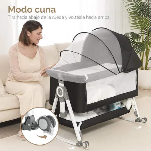 Vista 3 de Cuna para bebé, moisés junto a la cama, cuna de 4 en 1 con ruedas con cerradura, mosquitera, cuna portátil plegable ajustable para recién nacido