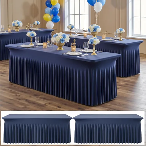 Vista 18 de Paquete de 2 manteles de elastano azul bebé de 6 pies con falda de mesa con volantes, manteles ajustables elásticos sin arrugas para mesas