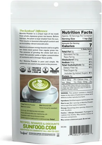 Vista 2 de Sunfood Superfoods Matcha té verde en polvo orgánico. Para lates, cocinar, hornear y más. Sin endulzantes. Té verde 100% puro de hoja entera. Grado