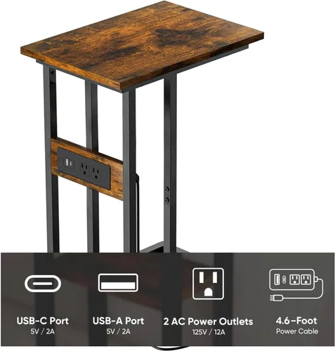 Vista 4 de BUDOME Mesa auxiliar en forma de C con estación de carga, mesa auxiliar con tomas, mesa de sofá con puertos USB C, mesa C con superficie premium