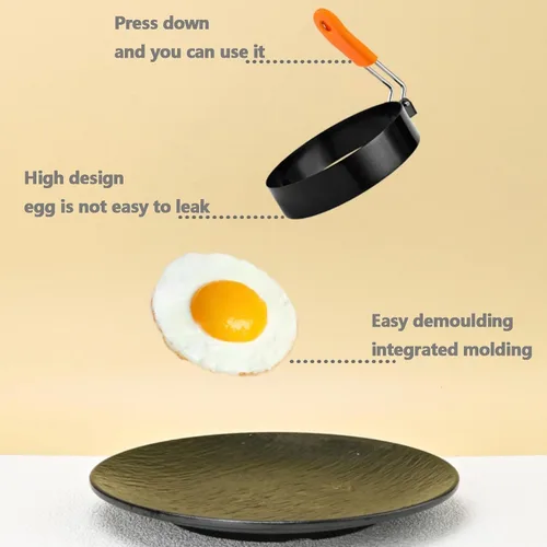 Vista 5 de (Negro) Anillo para huevos antiadherente de 3 pulgadas con mango de silicona, molde para huevos para sándwiches de desayuno. Molde redondo