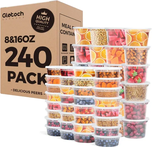 Vista 9 de Glotoch - Juego de 48 recipientes de plástico para almacenamiento de alimentos y bebidas de 8 onzas, 16 onzas y 32 onzas con tapas, aptos