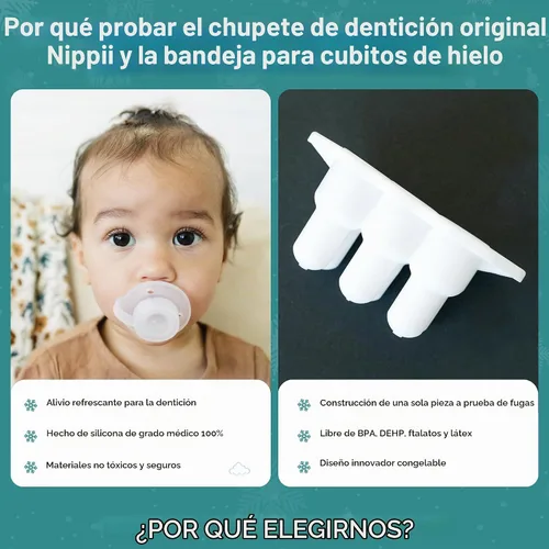 Vista 6 de Nippii Chupete Mordedor Congelable y Bandeja de Cubitos de Hielo – Chupete de Dentición Congelable de Silicona Suave para Alivio de la Dentición