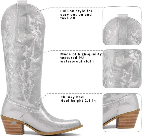 Vista 2 de GOSERCE Botas vaqueras altas hasta la rodilla para mujer, botas vaqueras altas bordadas, estilo occidental, punta puntiaguda, bloque medio, tacón