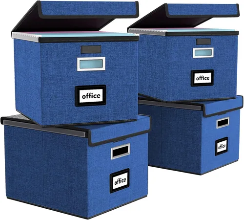 Vista 64 de Caja organizadora de archivos Huolewa con tapa, caja organizadora de carpetas de archivos colgantes de cuero sintético plegable con deslizadores