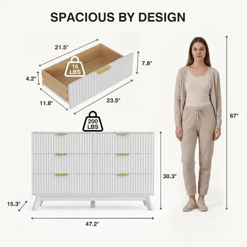 Vista 2 de JUMMICO Cómoda acanalada blanca para dormitorio, 47.2 pulgadas de ancho