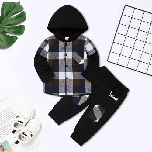 Vista 2 de Fuermos Conjunto para niño pequeño - Sudadera y pantalones a cuadros con capucha - Ropa de otoño