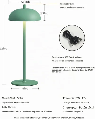 Vista 5 de Juego de 2 lámparas de mesa LED inalámbricas pequeñas de 12 pulgadas, lámpara de escritorio portátil impermeable, luces de batería recargable