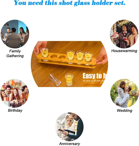 Vista 4 de D&Z Vasos de chupito de 1 oz con soporte, juego de vasos de chupito en bandeja de madera de bambú, 6 vasos de chupito de base pesada para whisky