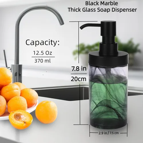 Vista 2 de Dispensador de jabón de vidrio de mármol negro, fácil de rellenar, jabón líquido para manos y platos, moderno dispensador de loción de vidrio grueso