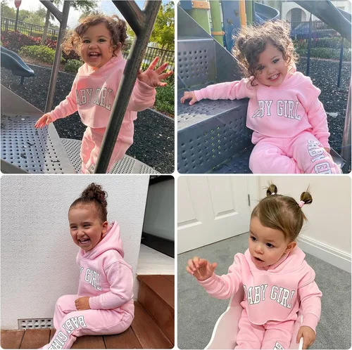 Vista 2 de Menglang Conjunto de sudadera corta con capucha y pantalones para niña pequeña para otoño e invierno