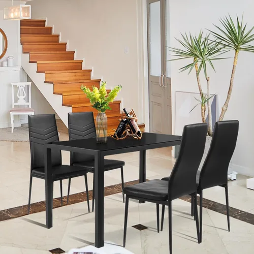 Vista 7 de Giantex Juego de 5 mesas de comedor para 4, mesa y sillas de cocina de vidrio moderna, mesa rectangular de marco de metal con cuero acolchado de 4