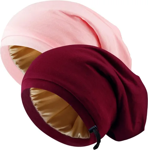 Vista 15 de 2 gorros de seda ajustables para dormir, gorro de dormir con forro de satén para mujeres y hombres, gorro de seda para el cabello holgado.