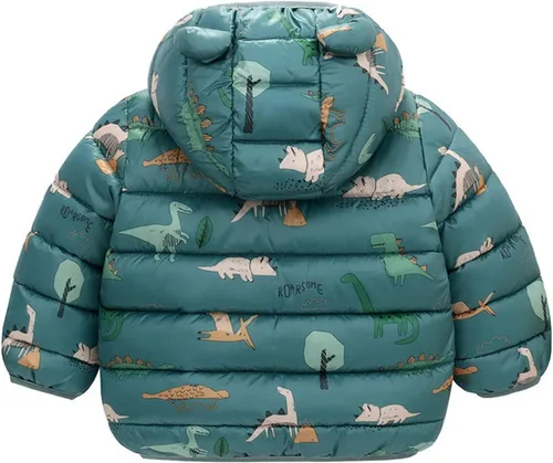 Vista 4 de TBUIALL Abrigo acolchado para niños, abrigo para niñas, resistente al viento, chaqueta con capucha cálida con estampado de dinosaurios, para niñas