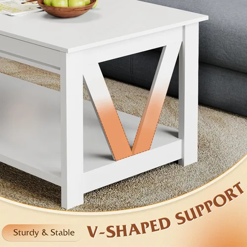 Vista 6 de WLIVE - Mesa de café con estante de almacenamiento, mesa de café granja de 39.4" con soporte en V, mesa de centro rústica de 2 niveles para sala