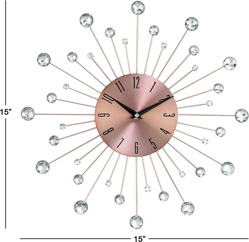 Vista 4 de Deco 79 Reloj de pared de metal Starburst con detalles de cristal, 15" x 1" x 15", cobre