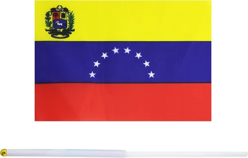 Vista 2 de Paquete de 10 banderas venezolanas venezolanas en palo de 5 x 8 pulgadas, decoraciones patrióticas, decoración de aula, pequeñas mini banderas