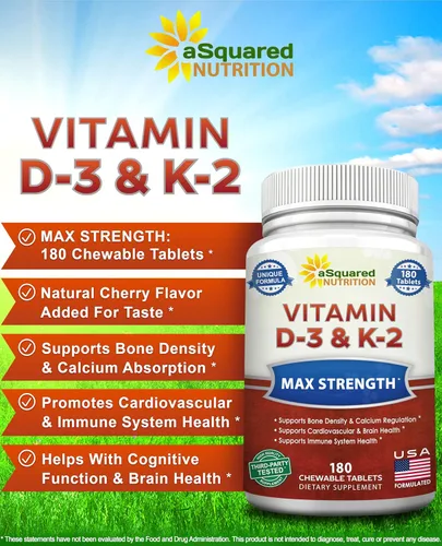 Vista 2 de aSquared Nutrition Vitamina D3 con suplemento K2-180 tabletas masticables, colecalciferol D-3 de fuerza máxima y K-2 MK7 para apoyar huesos