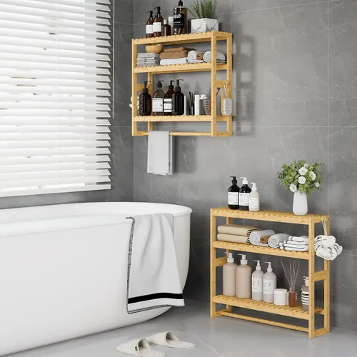 Vista 4 de RRX - Estante organizador de almacenamiento para baño, estante ajustable de 3 niveles, color beige Organizador de bambú para almacenamiento sobre