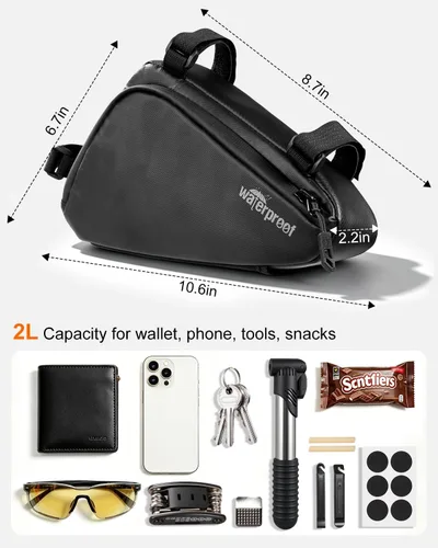 Vista 4 de NDakter Bolsa de almacenamiento para cuadro de bicicleta, bolsa triangular impermeable de 2L para bicicletas, paquete de ciclismo para teléfono