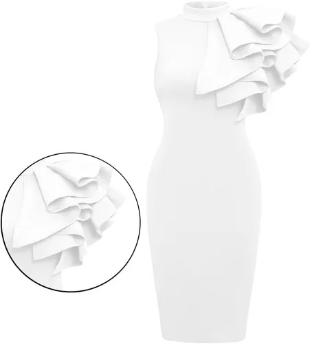 Vista 2 de XXTAXN - Vestido de cóctel entallado, formal, sin mangas y con volados para mujer, vestido de tubo por debajo de la rodilla
