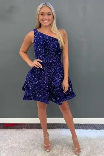 Vista 8 de Hjindpr Vestidos de lentejuelas de un hombro para adolescentes, vestido corto de graduación 2024, vestido formal acampanado brillante con bolsillos