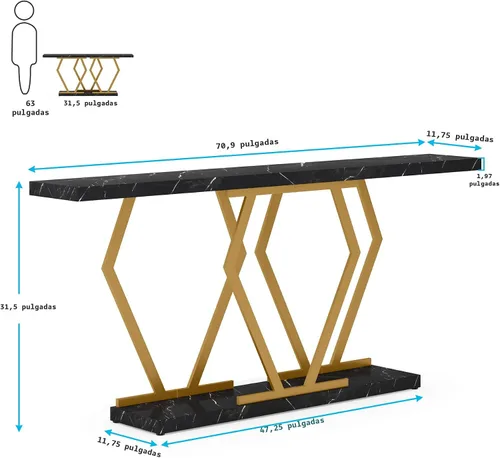 Vista 2 de Tribesigns - Mesa de sofá extra larga de 70.9 pulgadas. Mesa consola en negro y dorado con superficie de mármol sintético, mesa larga moderna