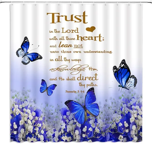 Vista 6 de GCTNBJL Cortina de ducha con cita inspiradora, diseño de mariposa y flores azules y verde azulado con texto en inglés "Trust in the Lord