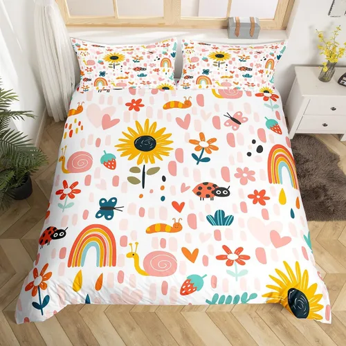 Vista 11 de Decoración de habitación kawaii, juego de funda de edredón arcoíris para niñas, tamaño individual, para niños y niños, lindo diseño de nubes