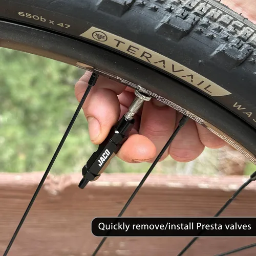 Vista 4 de JACO Presta Kit de reparación de núcleo de válvula para neumáticos de bicicleta con (12X) núcleos de válvula de repuesto, (4X) tapas de válvula