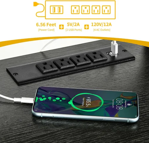 Vista 5 de DWVO Escritorio para computadora con cajones y gabinete, escritorio de oficina de 59.1 pulgadas con tomas de corriente y luces LED, escritorio