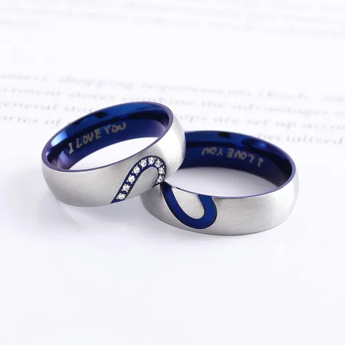 Vista 4 de Anillos de promesa para parejas, para él y para ella, juego de anillos de boda con texto "I Love You" grabado a juego, anillo de acero inoxidable