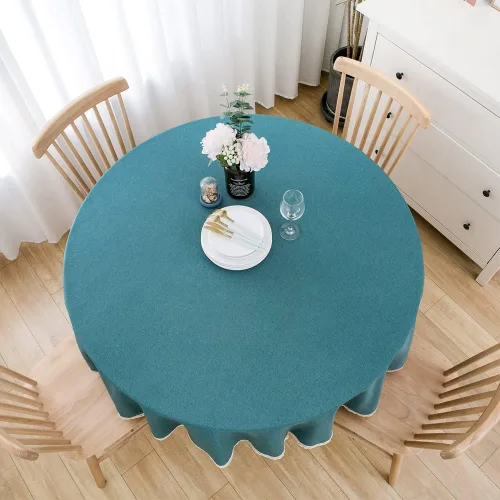 Vista 6 de Mantel redondo de granja decorativo, a prueba de polvo, sin arrugas, mantel de lino con ribete de encaje para mesa circular, color verde azulado, 60